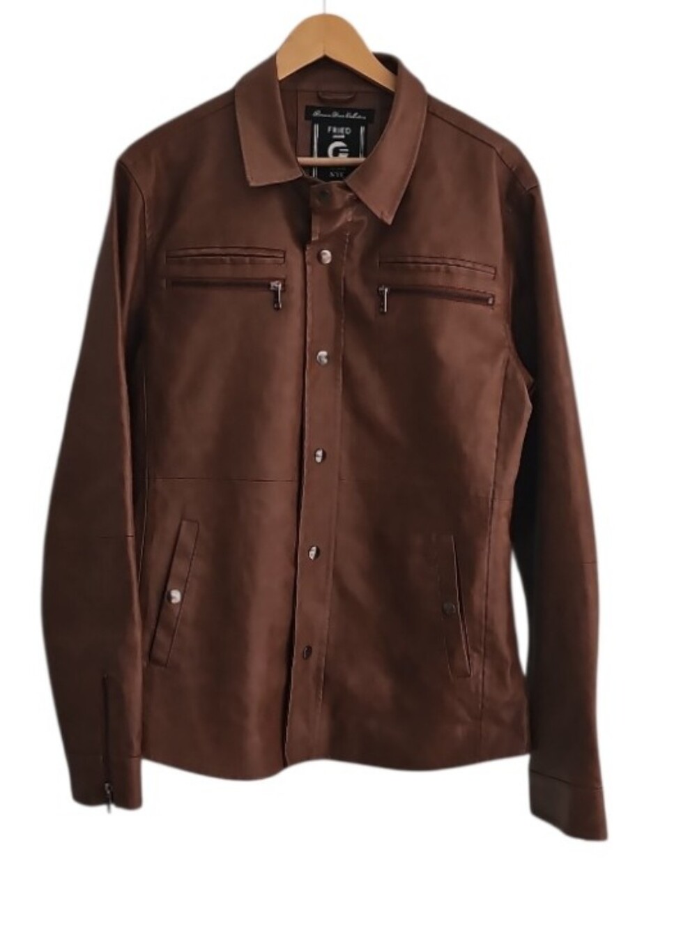 Fried Denim Faux Leather Jacket Men’s L Brown Moto Trucker Shirt Jacket Soft
